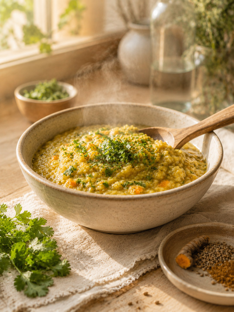 Dampfende Schale Khichdi — Symbol für die nährende Mitte