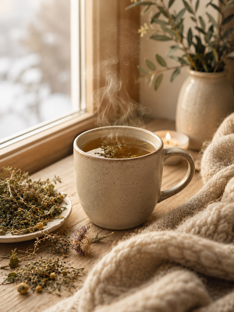 Warme Tasse Kräutertee — Rückzug und Regeneration